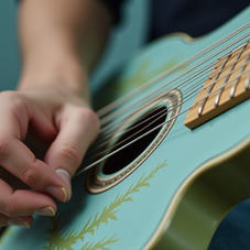Close-up of hands strumming strings of a baby blue guitar.