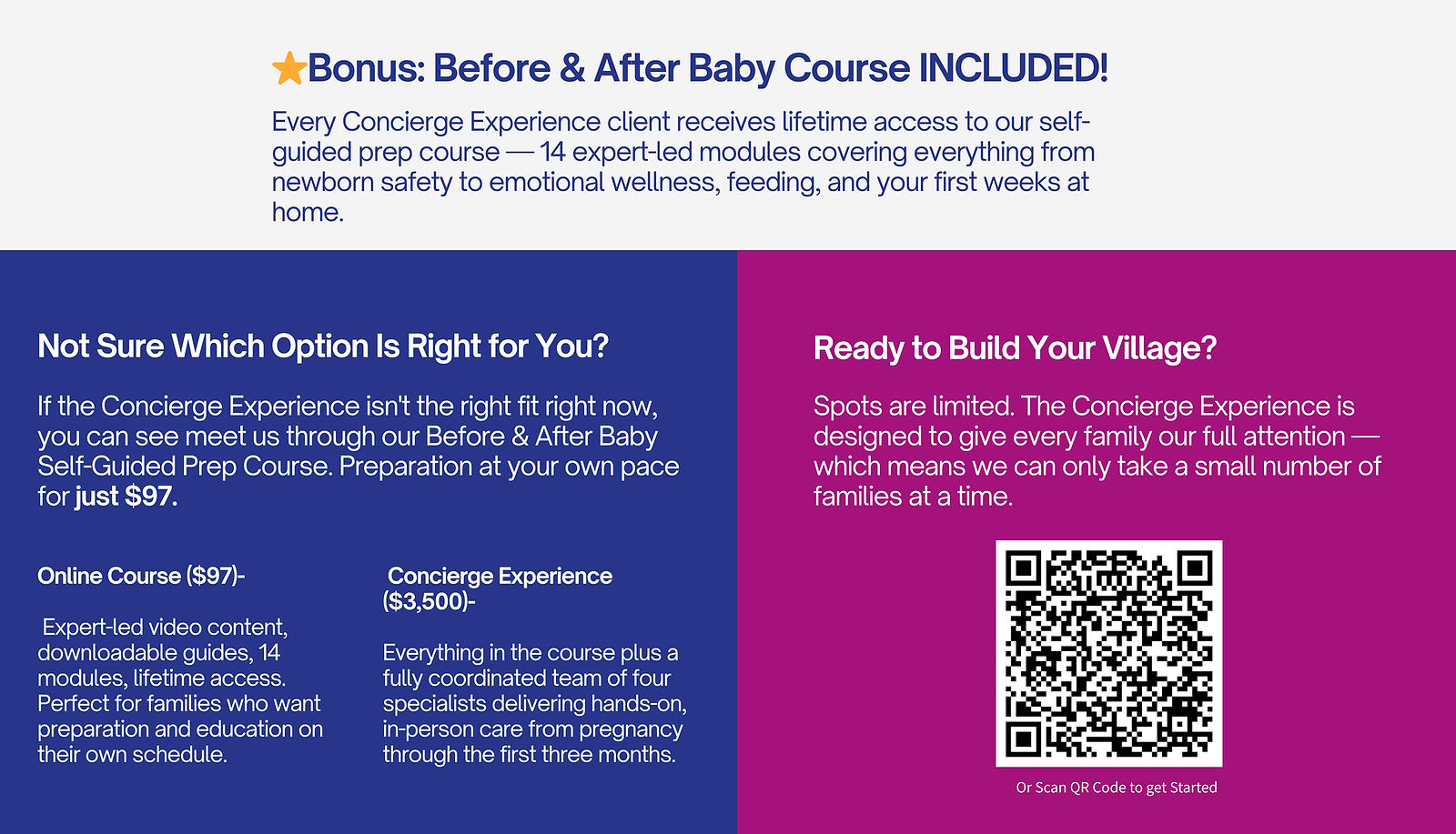Not Sure Which Option Is Right for You? Online Course ($97) vs Concierge Experience ($3,500). Ready to Build Your Village? Scan QR Code.