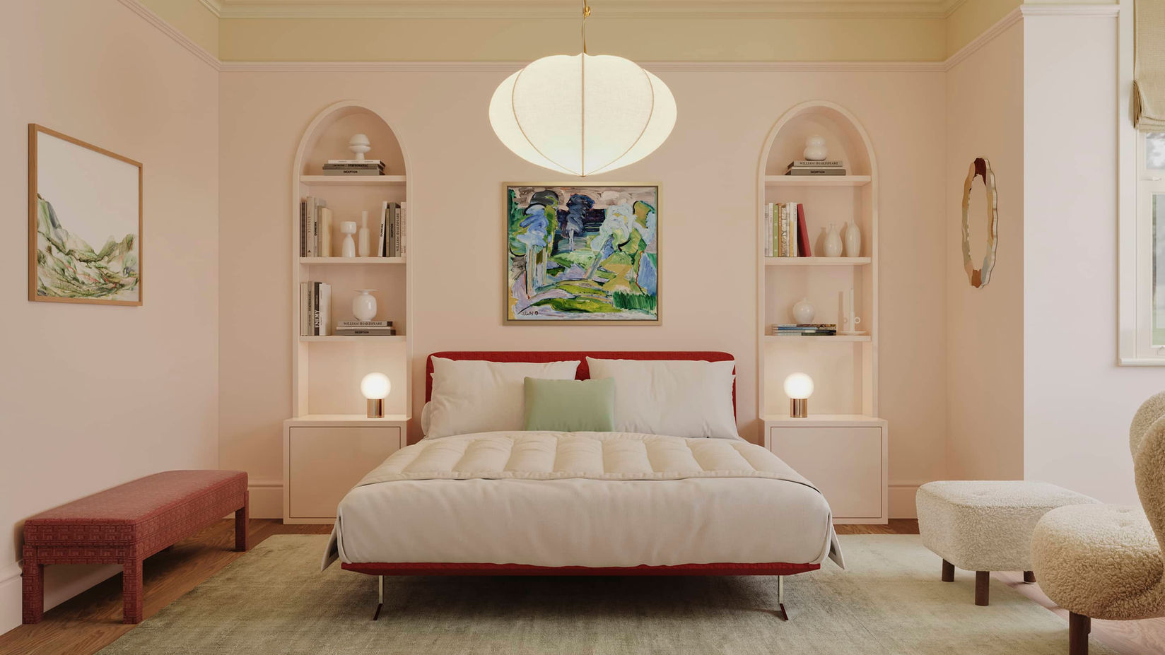 Bespoke alcove shelving and retro bed