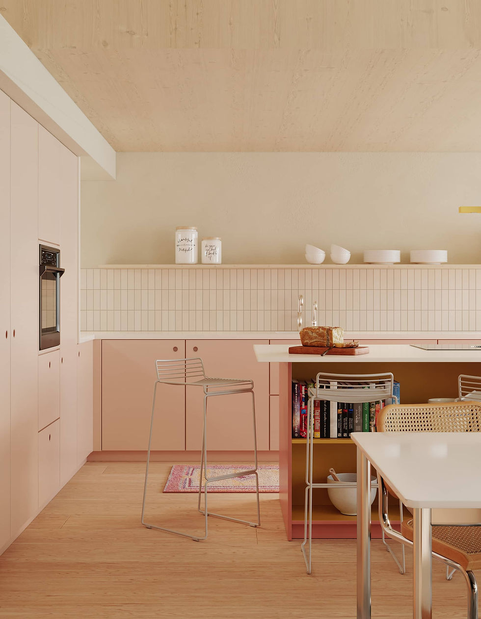 High-end kitchen with soft playful colours