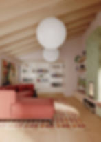 High-end lounge with bespoke bookcase and vaulted ceiling