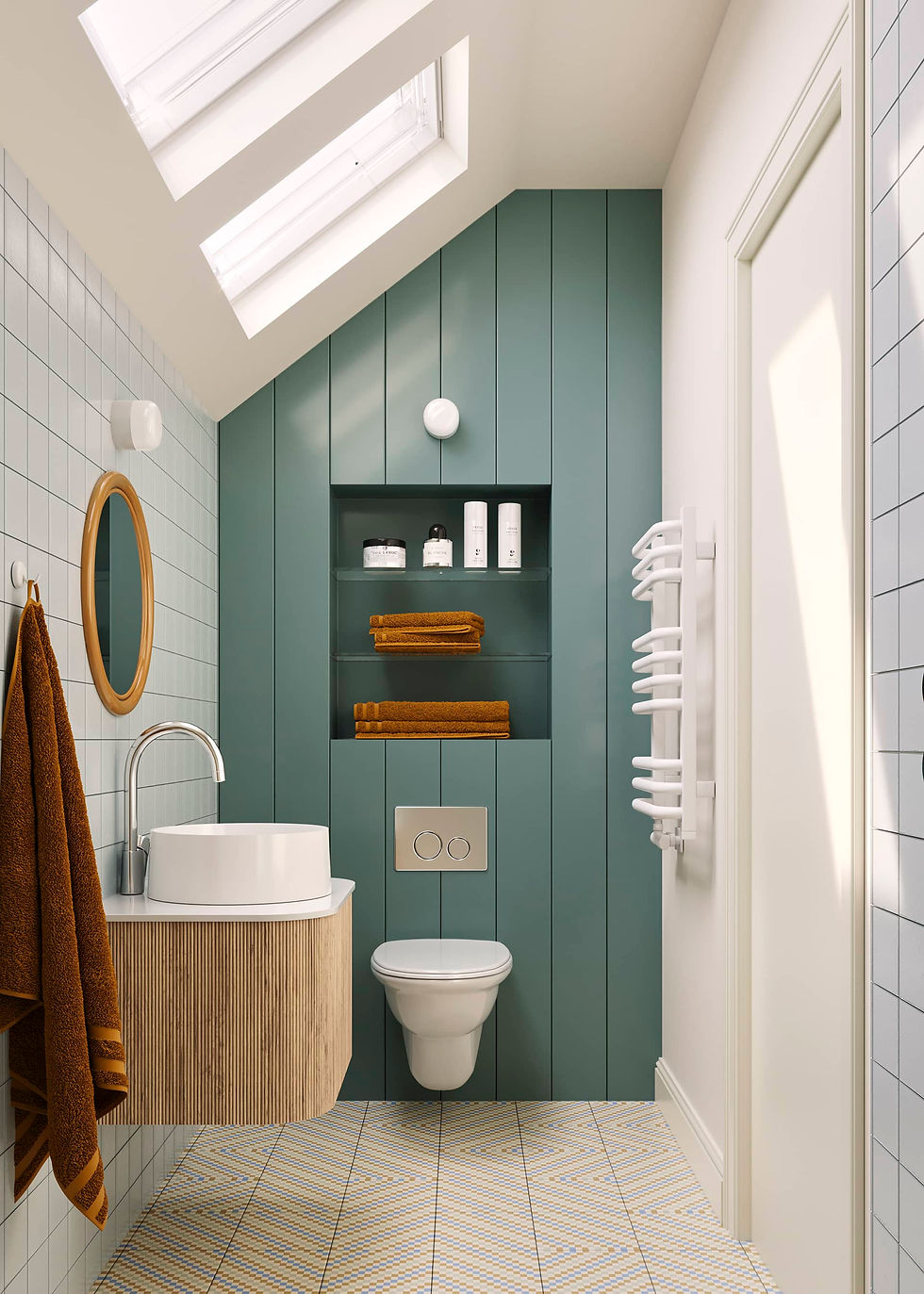 Bathroom interior design with tiling and suite selection