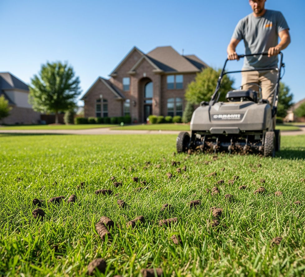 Core aeration service being performed on a residential lawn in Tulsa, Oklahoma, for improved root health.