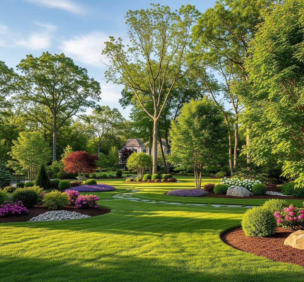 A stunning residential yard transformed by Dun' Dirt Cheap Lawn & Landscape, featuring lush green grass, healthy trees, colorful flowers, and elegant stone pathways, showcasing professional tree services, yard clean up, and sod installation.