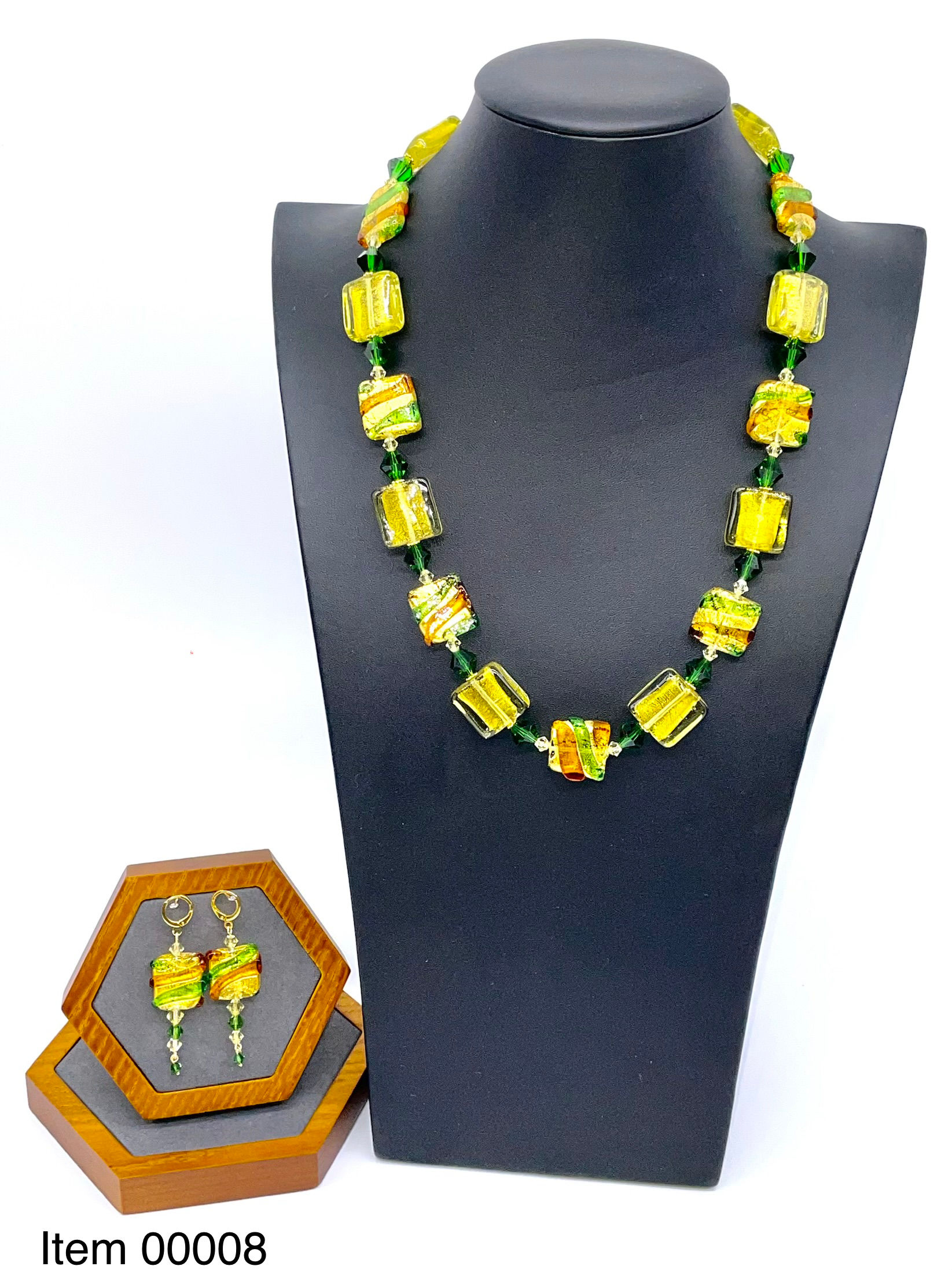 TOPAZ EMERALD MISSONI AND GOLD SQUARES MURANO NECKLACE AND EARRINGS SET