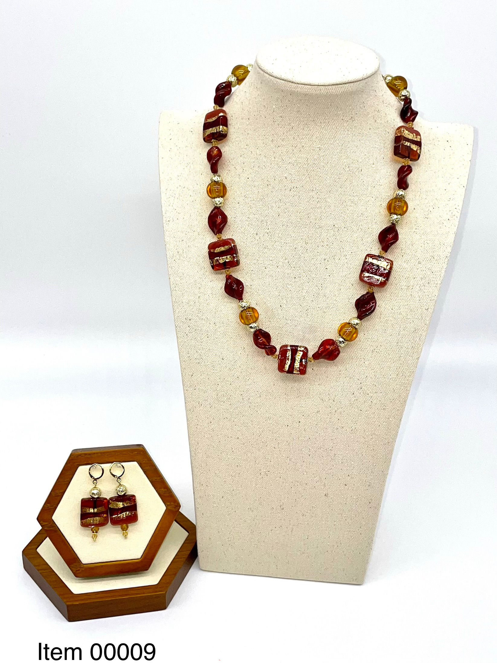 RUBINO SQUARES AND GARNET LEAVES MURANO NECKLACE AND EARRINGS SET