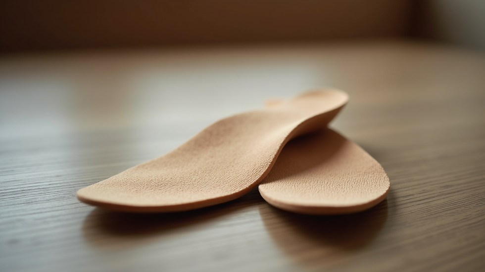 Close-up view of custom orthotic insoles on a wooden surface
