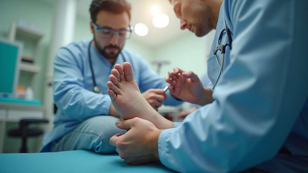 Eye-level view of a podiatrist examining a patient's foot in a clinic