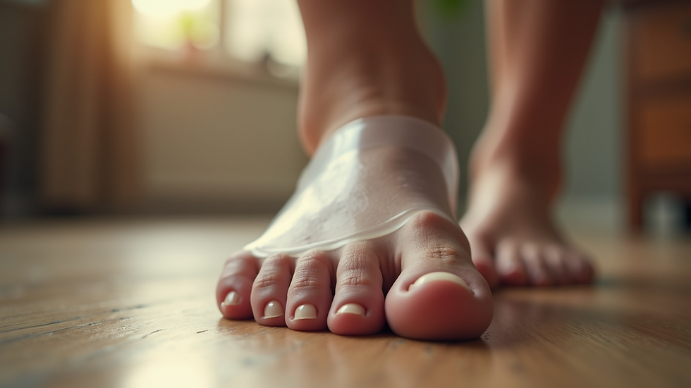 Close-up view of a foot wearing a bunion guard for protection