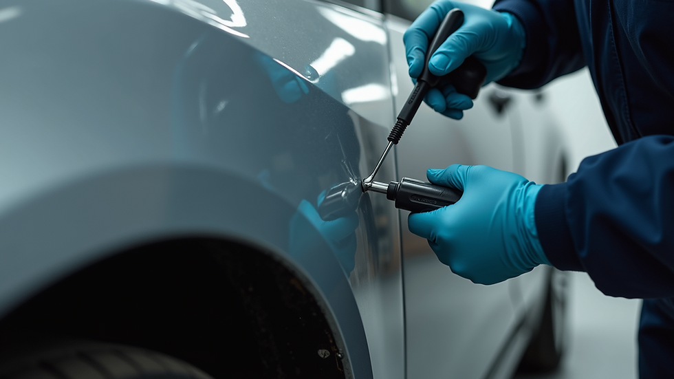 Close-up view of a car's dent being repaired with precision tools