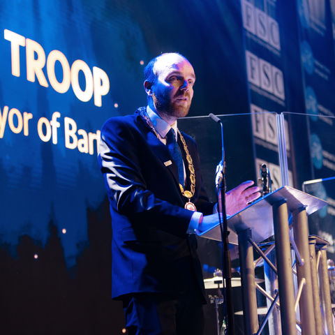 The Mayor speaking on stage at the Humber Rescue Gala Ball 2025 charity fundraiser in Hull.
