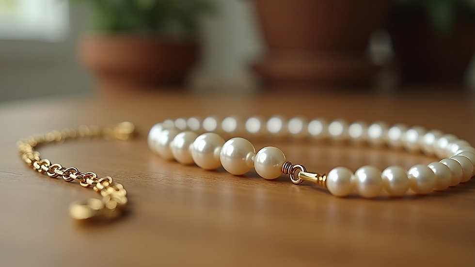 Eye-level view of a pearl necklace and delicate gold bracelet on a wooden table