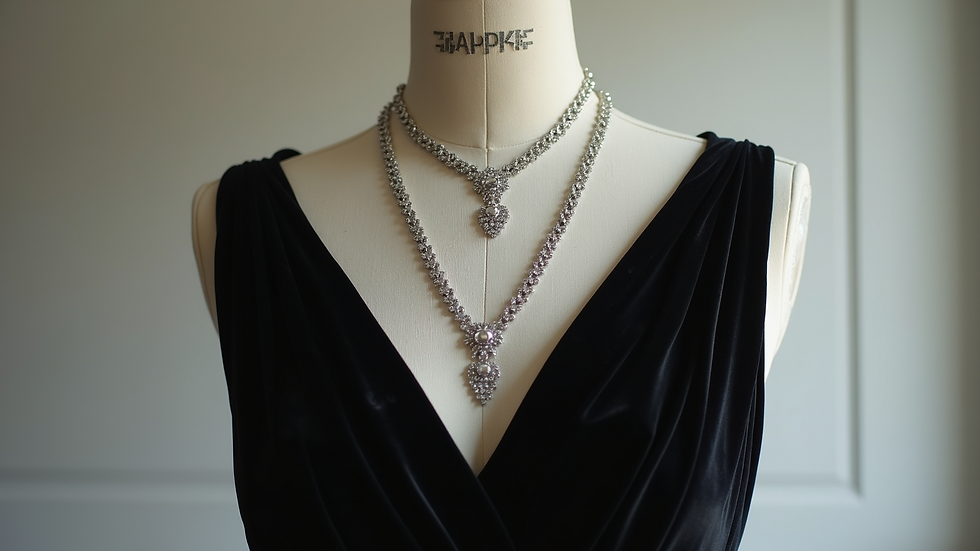 High angle view of a black velvet evening gown with silver accessories on a mannequin