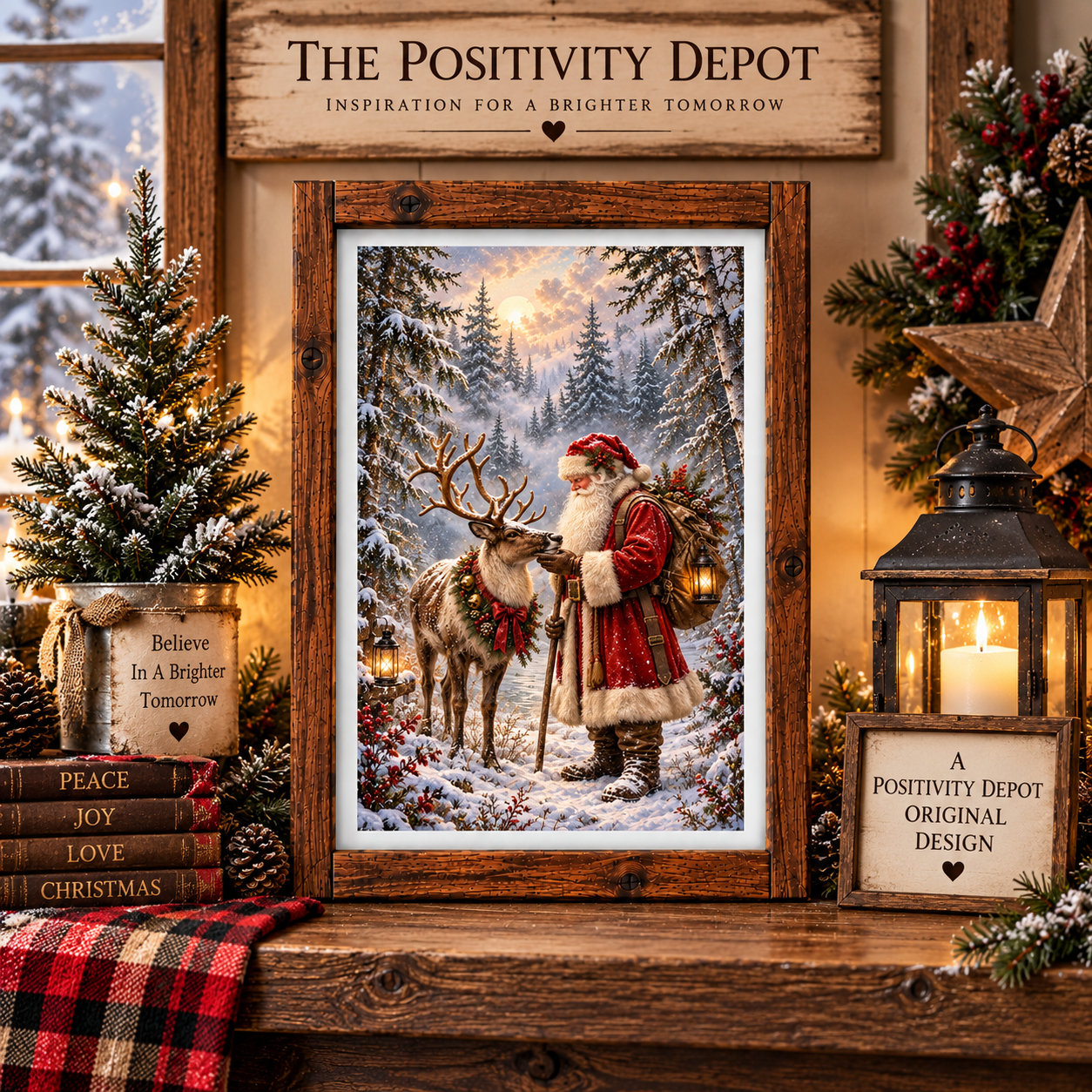 Old-World Santa & Reindeer Christmas Framed Print