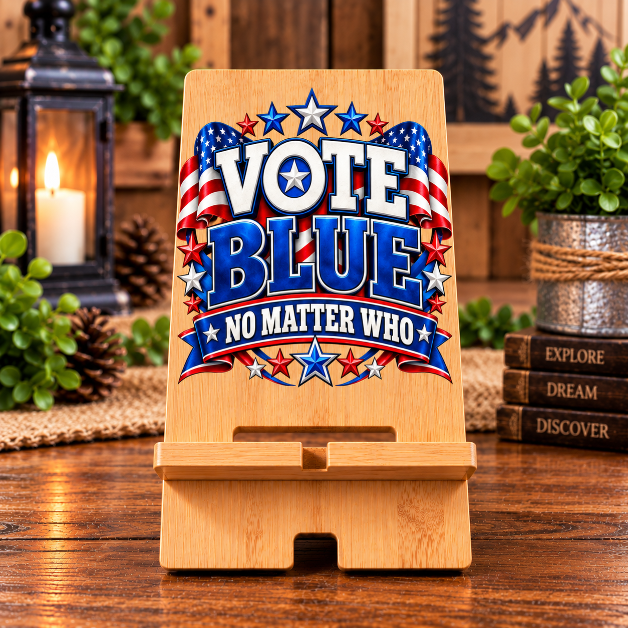 Solid Bamboo Phone-Tablet Holder-Vote Blue No Matter Who