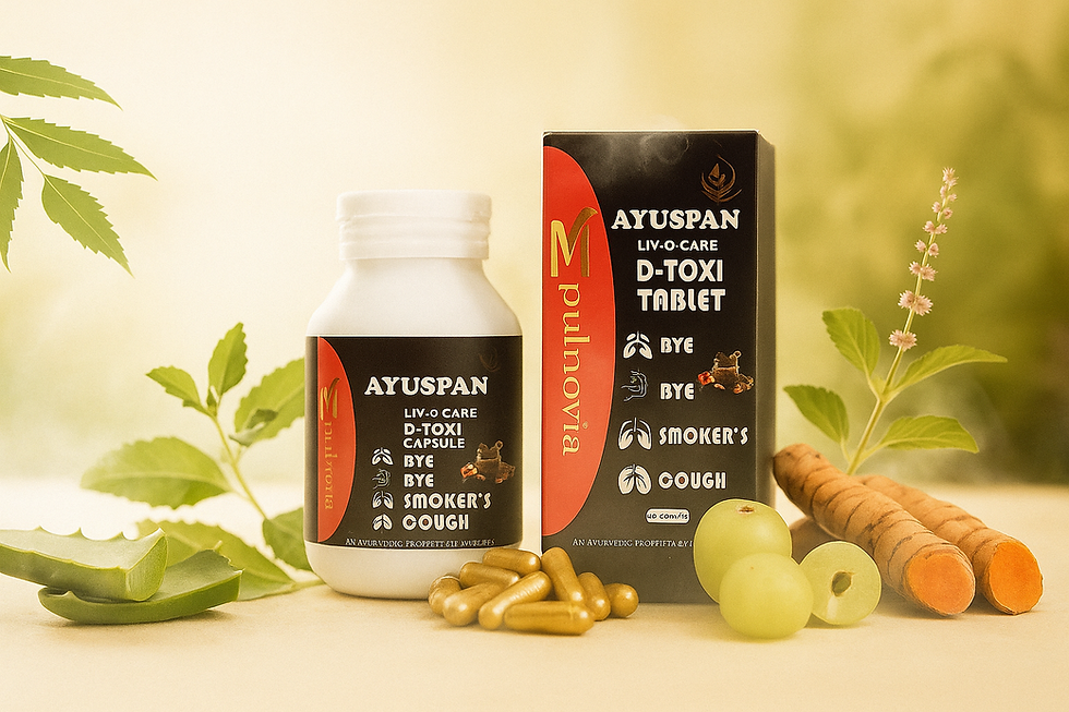 The AYUSPAN 3-in-1 supplement bottle and its outer box, showing the Pulmovita and "BYE BYE SMOKER'S COUGH" branding.