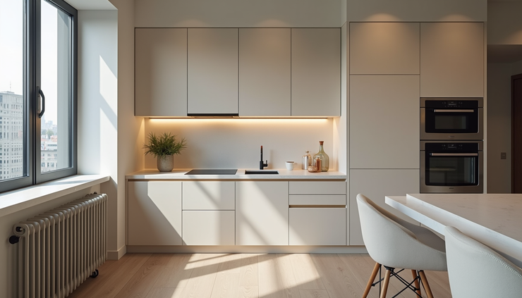 High angle view of a kitchen area in a serviced apartment with modern appliances