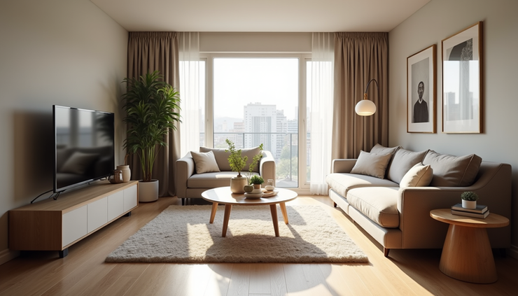 Eye-level view of a modern serviced apartment living room with natural light
