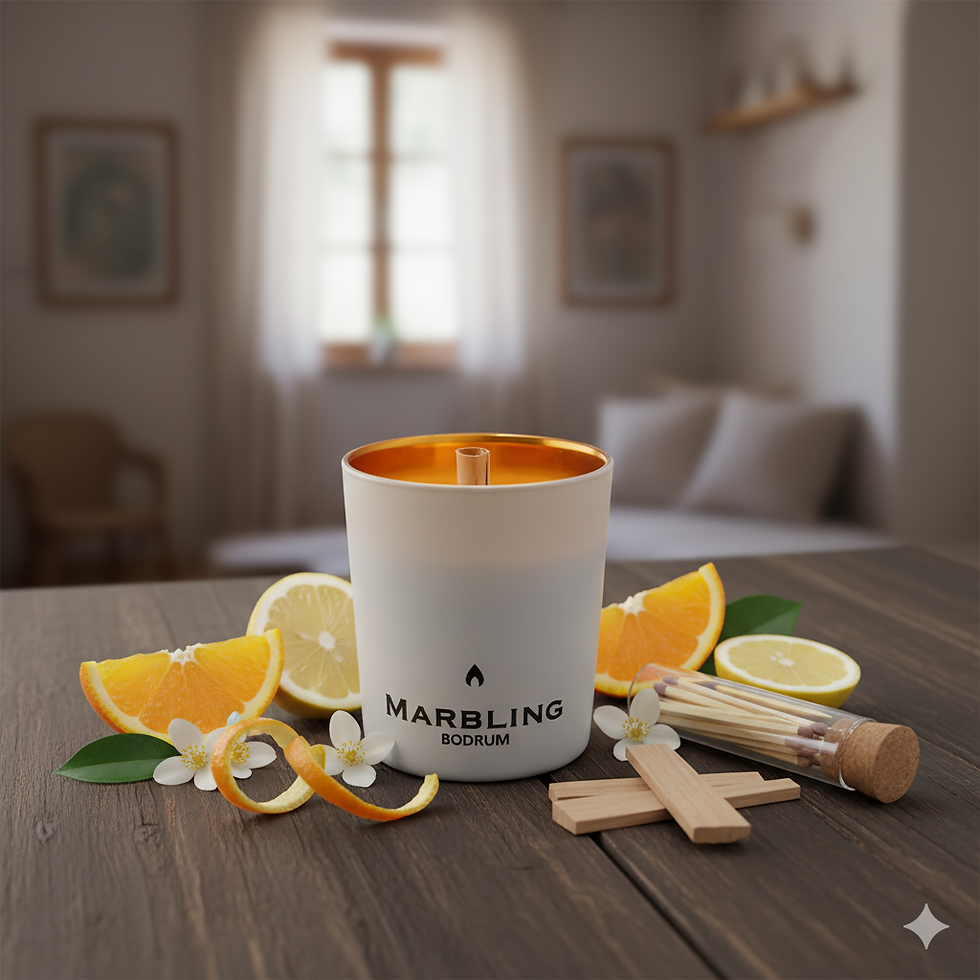 PORTAKAL KABUKLARININ İÇİNDE MARBLİNG COLLECTİON BEYAZ BARDAKTA MUM