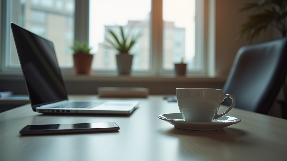 eye-level view of modern office desk with laptop and coffee cup