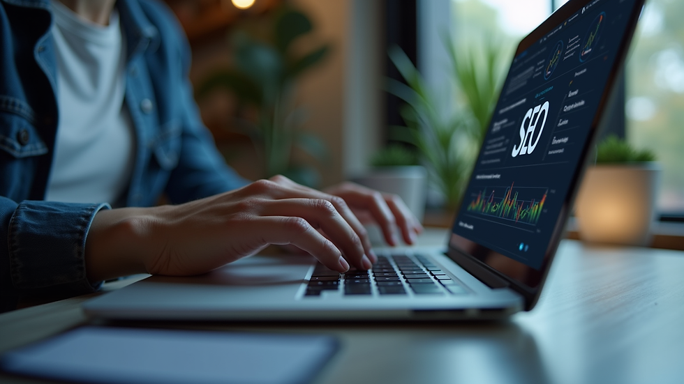 Close-up view of a person working on SEO optimization on a laptop