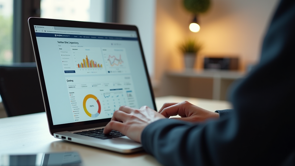 close-up view of a person working on a laptop with a website dashboard open
