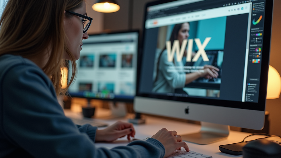 Close-up view of a designer working on Wix website layout on a computer screen