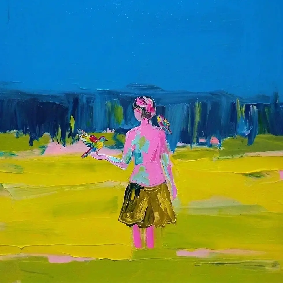 Digital illustration of a figure holding a bird. The artwork features a vibrant, abstract landscape with bold colors.
