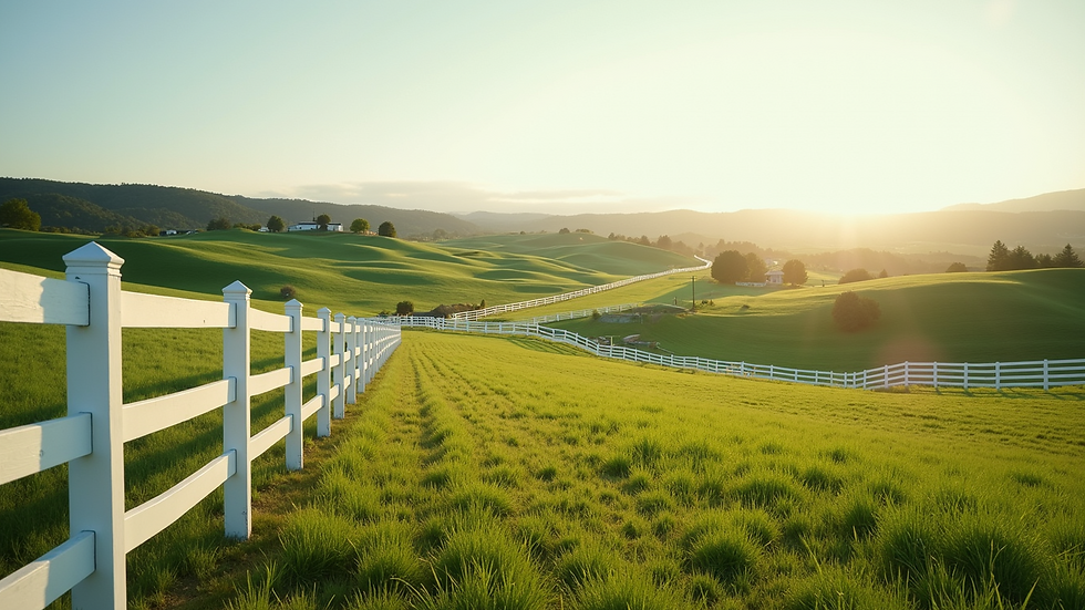 Wide angle view of green fields and a white wooden fence at Quail Valley Farms