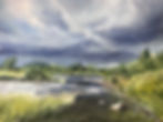 We had dramatic weather on our fishing trip last week. I painted this this morning for sky practice. Not happy with the darkest part of the clouds and would have liked to keep more of the trees light green, but on the whole I feel that it kind of captures the mood of the day.