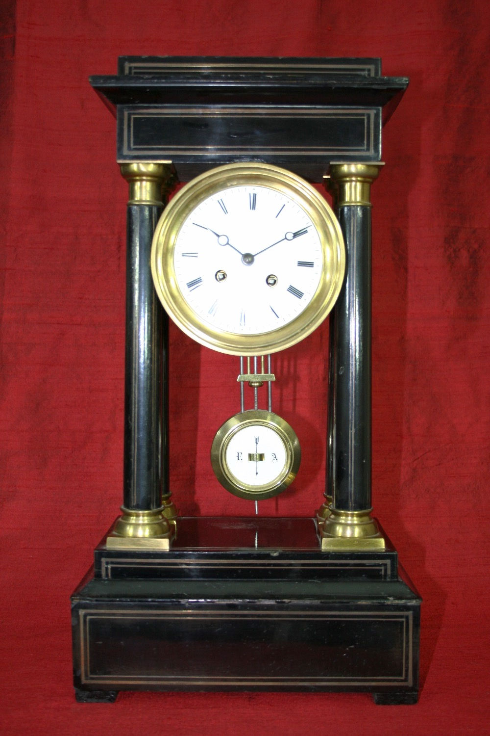 French Ebonised Four Pillar Portico Mantel Clock