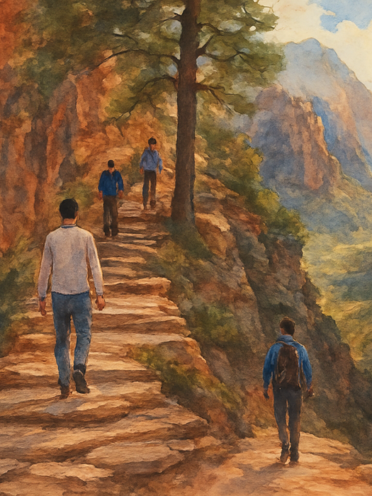 Hikers climbing the narrow chained ridge of Angel’s Landing above the canyons of Zion National Park