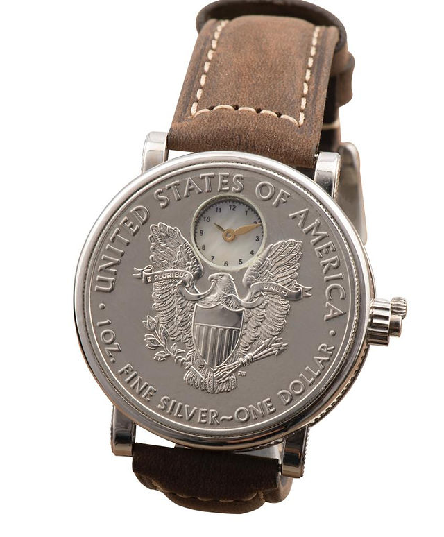 It is a classy white gold watch made using a 1-Oz American Silver Eagle Bullion coin
