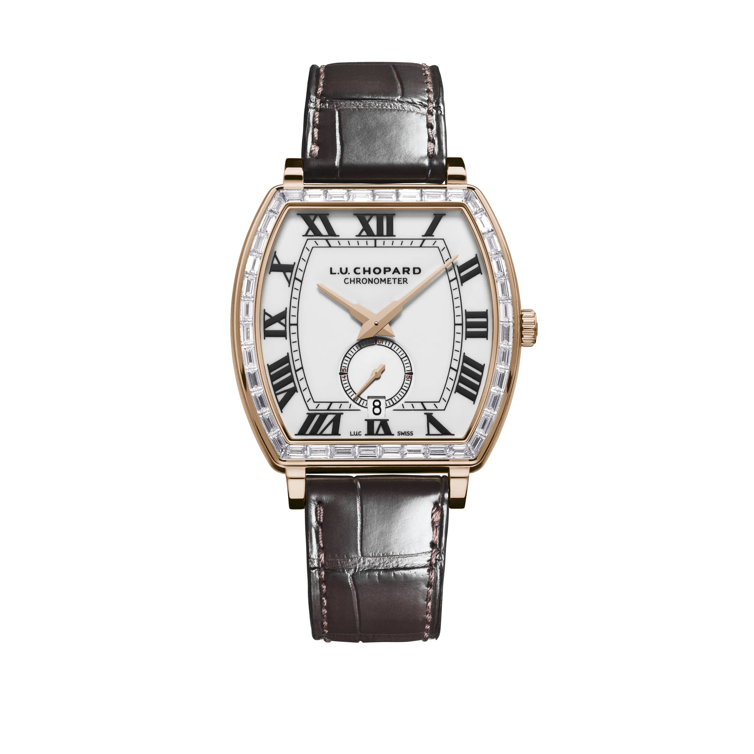 Chopard currently offers a shapely chronometer made from ethical 18-karat rose gold and studded with baguette diamonds.