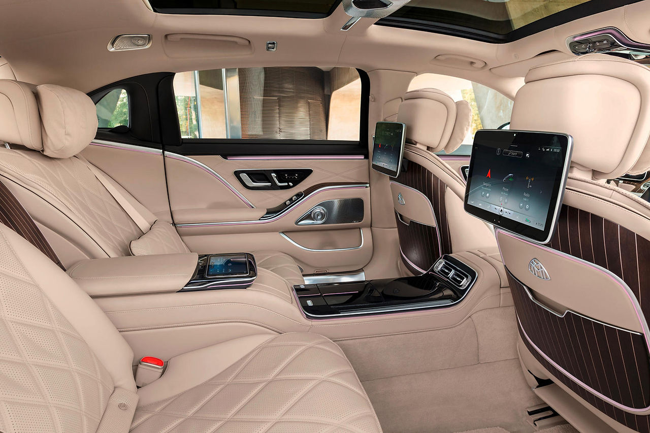 Maybach offers the Executive Rear Seat Plus upgrade, which features rear-seat folding tables, an expanded centre console, extra rear-seat wood trim, and temperature-controlled cup holders for those who want to be escorted