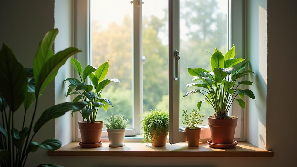 Close-up view of a living room with houseplants near an open window