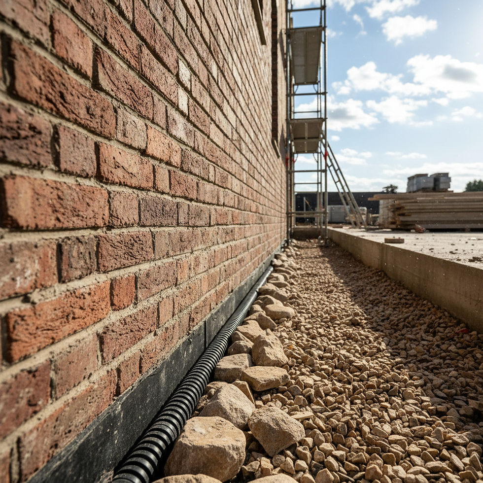 Overhead view of gutters and downspouts directing rainwater away from a house foundation