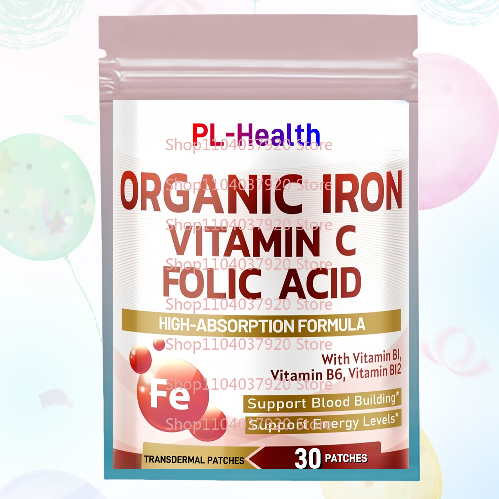 30 Patches Iron Transdermal Patches with Vitamin C, Folic Acid Vitamin B6, Vita
