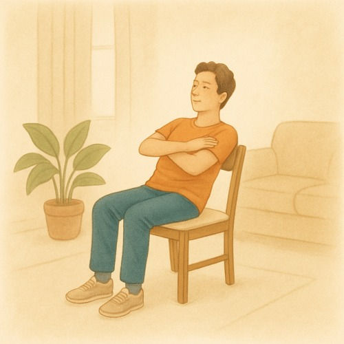 A soft, textured image of a man seated on a chair with arms crossed, leaning his torso back slightly to perform a core-strengthening exercise.