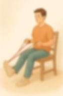A warm, muted illustration of a man seated on a wooden chair, pulling resistance bands toward his torso in a rowing exercise.