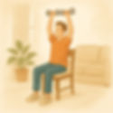 A gentle illustration of a man sitting on a chair, lifting two dumbbells straight overhead in a seated press exercise.