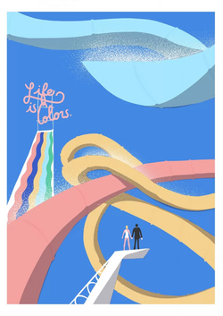 Illustration joyeuse représentant deux amourenux devant un tobaggan géant avec un Néon Life is color