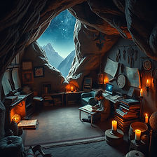 A warm-lit studio carved into a mountain, ancient scrolls and modern tech side-by-side, wa
