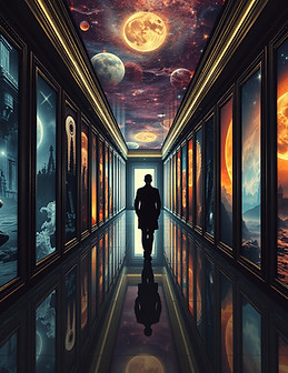 A vast corridor lined with mirrors, each reflecting a different fantastical world — cyberp