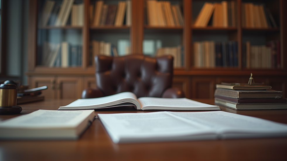 Eye-level view of a law office with legal books and documents