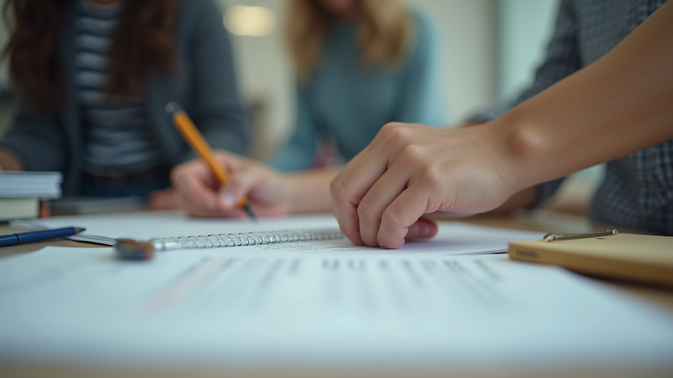 Eye-level view of a student organizing college application materials on a desk