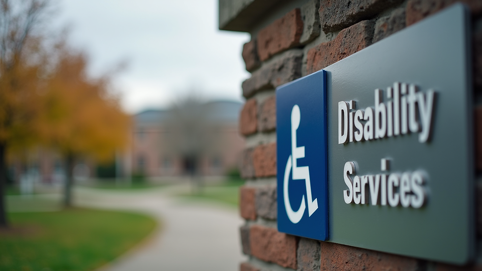 Close-up view of a college campus disability services office sign