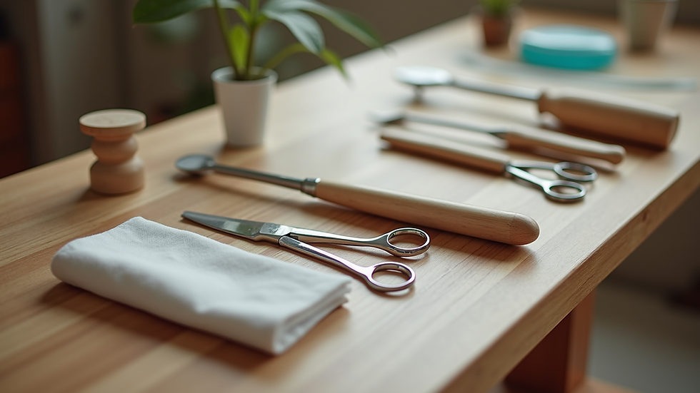 Eye-level view of a neatly arranged set of hand therapy tools on a wooden table