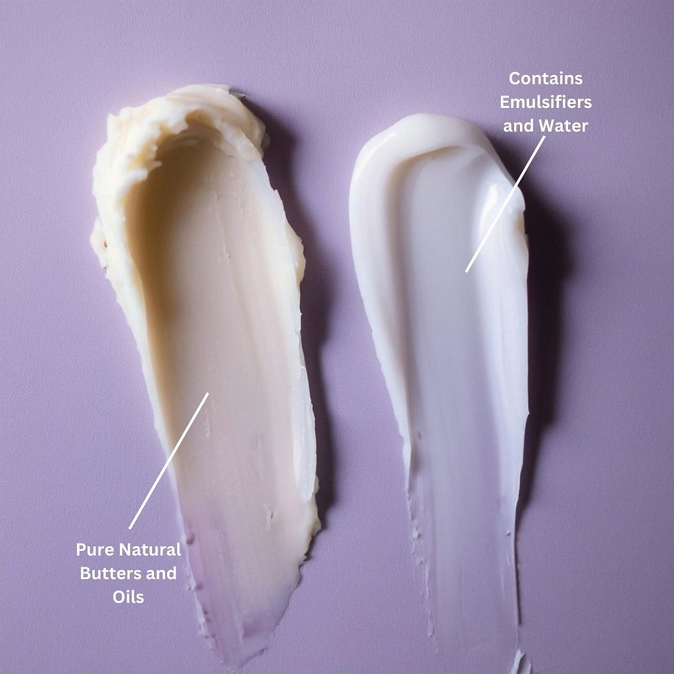 Comparison of water-based and waterless body butters highlighting differences in texture and formulation.