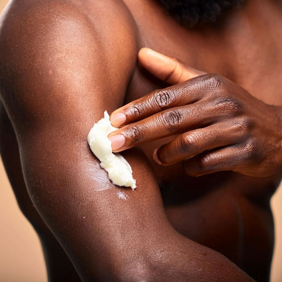 Close Up Man applying Green Tea Whipped Shea Body Butter to their skin, showcasing the smooth, moisturizing texture.